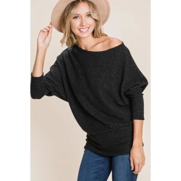 SOLD OUT Black Solid Ribbed Off Shoulder Dolman Sweater - Picture 5 of 5